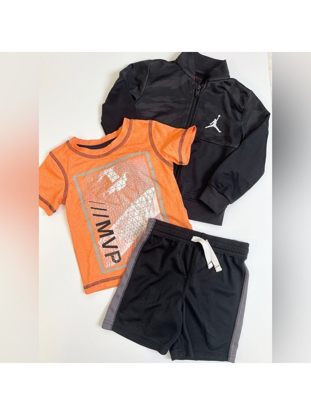 Jordan Kids Zip Up Jacket with Active Orange Tee and Black Shorts
